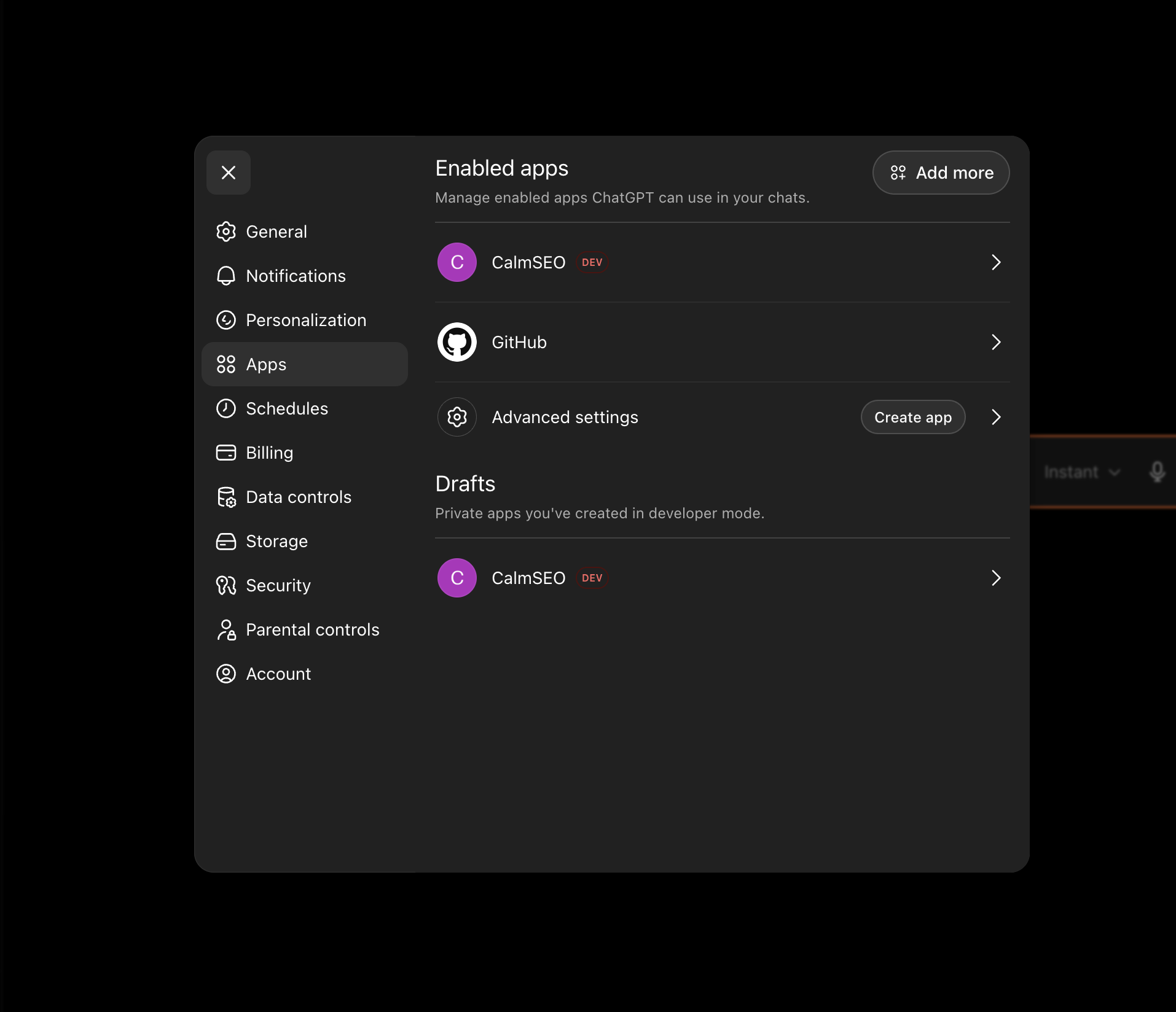 ChatGPT Apps settings showing CalmSEO as a developer mode app in the enabled apps list