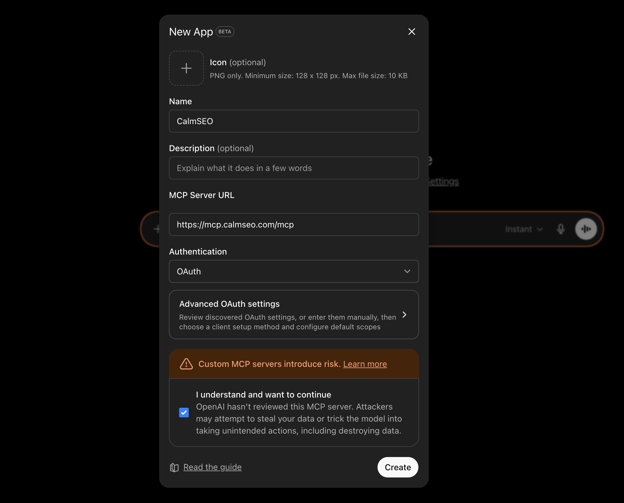 ChatGPT developer mode New App dialog filled with CalmSEO, the MCP server URL, OAuth authentication, and the risk acknowledgement checkbox