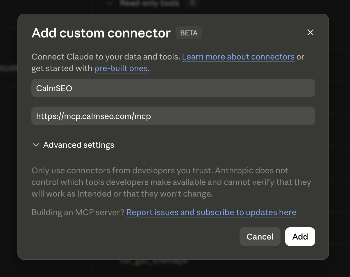 Claude Add custom connector dialog filled with CalmSEO and the MCP endpoint URL