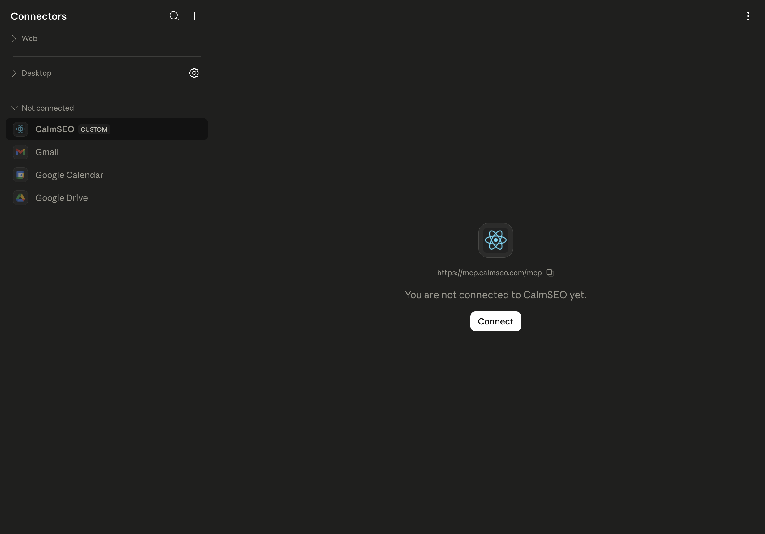 Claude Connectors screen showing CalmSEO under Not connected with a Connect button